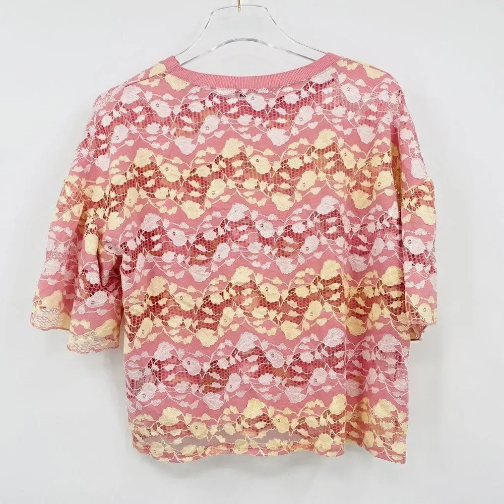 NEW Zara Size Medium Pink Lemonade Floral Lace Boxy Cropped Top
